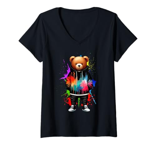 Damen Teddybär, bunt, Hip-Hop-Musikkultur, Rap-Liebhaber T-Shirt mit V-Ausschnitt Damen Teddybär, bunt, Hip-Hop-Musikkultur, Rap-Liebhaber T-Shirt mit V-Ausschnitt von Break Dance Hip Hop Dancer Hip Hop Music