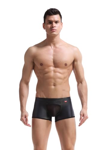 BreakEgg Herren Sexy Unterwäsche Boxer Leder Vorne U Shap Beutel Shorts Unterwäsche Herren Unterhosen (MJ1708-Schwarz,XL) von BreakEgg