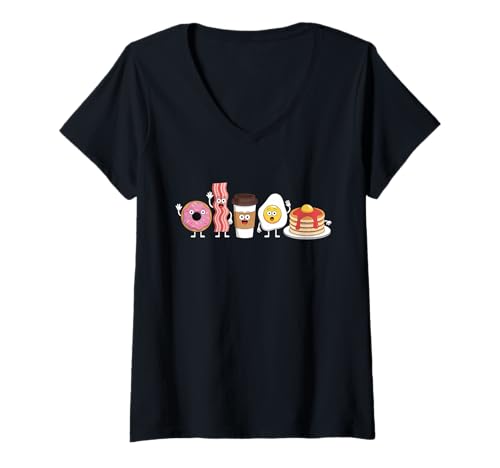Damen Süßes Kawaii Frühstück Donut Speck Ei Kaffee Pfannkuchen T-Shirt mit V-Ausschnitt von Breakfast Donut Bacon designs