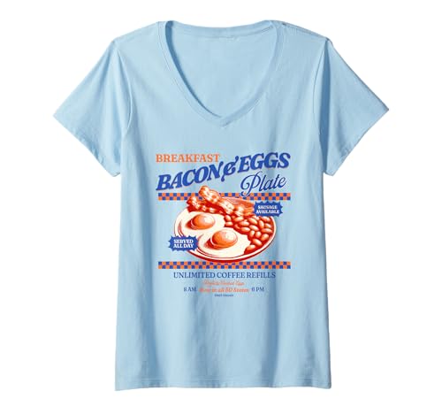 Damen Speck und Eier Frühstück Diner Restaurant Vintage Essen T-Shirt mit V-Ausschnitt Damen Speck und Eier Frühstück Diner Restaurant Vintage Essen T-Shirt mit V-Ausschnitt von Breakfast Enthusiast Bacon and Eggs Retro