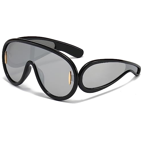 Breaksun Fashion Wave Maske Sonnenbrille für Damen Herren Oversized Silber verspiegelt futuristische Schild Sonnenbrille Designer Stil, A3 schwarz/silber verspiegelt, MM von Breaksun