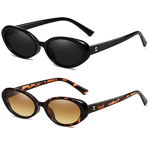 Breaksun Ovale Retro-Sonnenbrille für Damen und Herren, modisch, klein, oval, 90er-Jahre-Stil, Vintage-Schattierungen, 2er-Pack (A2, Schwarz/Grau + Leopard/Braun-Farbverlauf), MM von Breaksun