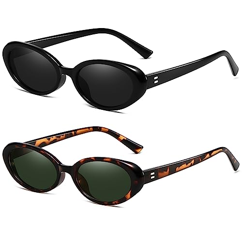 Breaksun Ovale Retro-Sonnenbrille für Damen und Herren, modisch, klein, oval, 90er-Jahre-Stil, Vintage-Schattierungen, 2er-Pack (A1 Schwarz/Grau + Leopard/G15), MM von Breaksun