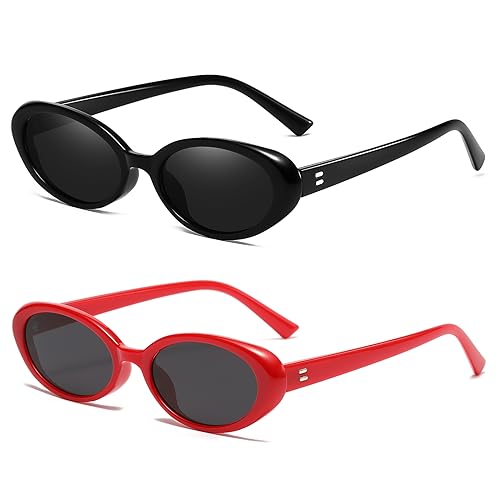 Breaksun Retro Oval Sonnenbrille für Damen Herren Mode Kleine Ovale Sonnenbrille 90er Vintage Shades, 2er-Pack (Schwarz/Grau + Rot/Grau), MM von Breaksun