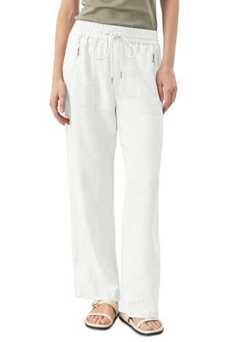 Breampot Damen Leinenhose Leichte Sommerhose Weite Freizeithose und Elastischer Bund mit Kordelzug(Weiß,L) von Breampot