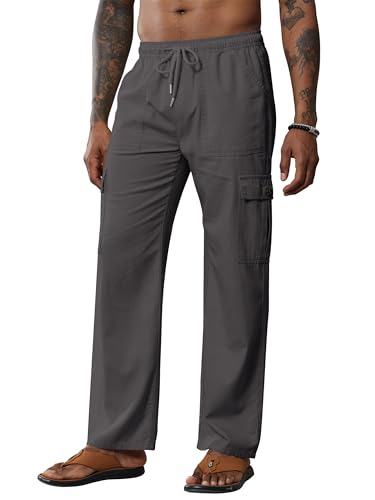 Breampot Herren Leinenhose Lang Leicht Sommerhose Baumwolle Cargo Loose Freizeithose mit Kordelzug (Dunkelgrau, Large) von Breampot