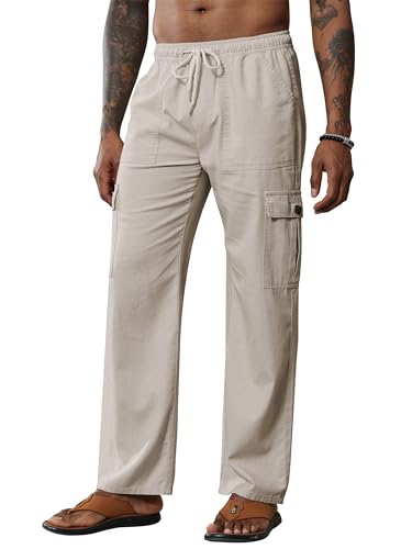 Breampot Herren Leinenhose Lang Leicht Sommerhose Baumwolle Cargo Loose Freizeithose mit Kordelzug (Khaki, Small) von Breampot