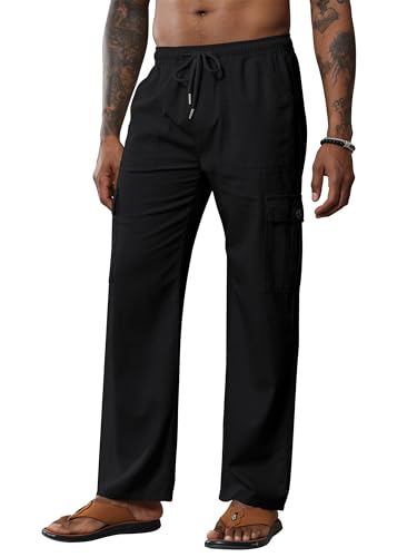 Breampot Herren Leinenhose Lang Leicht Sommerhose Baumwolle Cargo Loose Freizeithose mit Kordelzug (Schwarz, Small) von Breampot