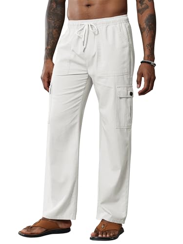 Breampot Herren Leinenhose Lang Leicht Sommerhose Baumwolle Cargo Loose Freizeithose mit Kordelzug (Weiß, XX-Large) von Breampot