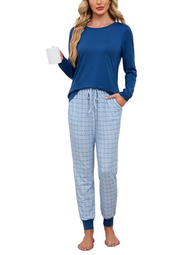 Breampot Schlafanzug Damen Lang Pyjamas Baumwolle Rundhals Nachtwäsche Set Winter Freizeitanzug Schlafanzüge mit Bündchen (Blau, XX-Large) von Breampot