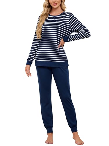 Breampot Schlafanzug Damen Lang Pyjamas Baumwolle Rundhals Nachtwäsche Set Winter Freizeitanzug Schlafanzüge mit Bündchen (Dunkelblau, Small) von Breampot