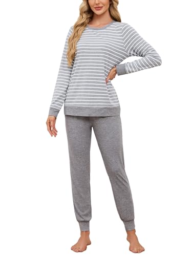 Breampot Schlafanzug Damen Lang Pyjamas Baumwolle Rundhals Nachtwäsche Set Winter Freizeitanzug Schlafanzüge mit Bündchen (Grau, X-Large) von Breampot