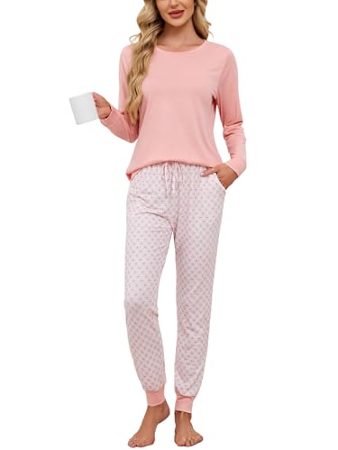 Breampot Schlafanzug Damen Lang Pyjamas Baumwolle Rundhals Nachtwäsche Set Winter Freizeitanzug Schlafanzüge mit Bündchen (Rosa, Medium) von Breampot
