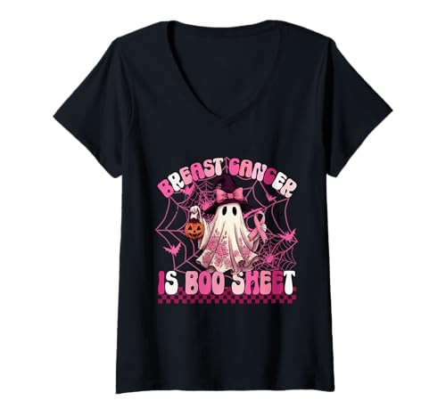 Damen Brustkrebs ist Boo Bettlaken niedlich im Oktober tragen wir Schleife rosa T-Shirt mit V-Ausschnitt von Breast Cancer Awarenes for Men Women Girls Kids