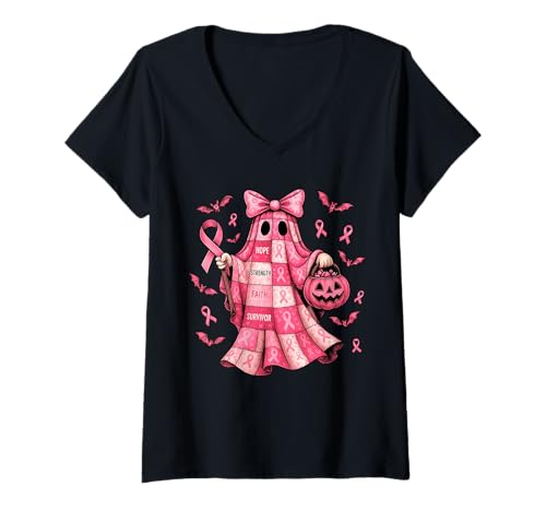 Damen Brustkrebs süß für Frauen im Oktober tragen wir Piink Ghost T-Shirt mit V-Ausschnitt Damen Brustkrebs süß für Frauen im Oktober tragen wir Piink Ghost T-Shirt mit V-Ausschnitt von Breast Cancer Awarenes for Men Women Girls Kids