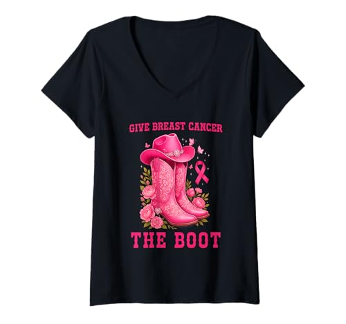Damen Cowgirl Boots Breast Cancer Awareness Pink Ribbon T-Shirt mit V-Ausschnitt Damen Cowgirl Boots Breast Cancer Awareness Pink Ribbon T-Shirt mit V-Ausschnitt von Breast Cancer Awareness 2025 Novelty Tops ...
