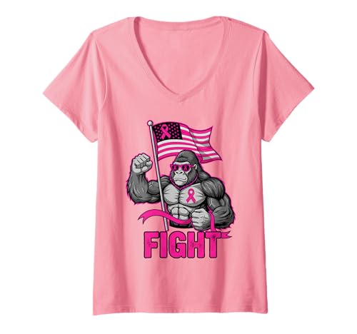 Damen Bigfoot Fighting Cancer Sasquatch Rosafarbenes Band T-Shirt mit V-Ausschnitt Damen Bigfoot Fighting Cancer Sasquatch Rosafarbenes Band T-Shirt mit V-Ausschnitt von Breast Cancer Awareness Bigfoot Support
