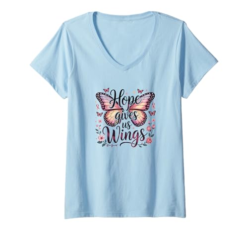 Damen Hope Gives Us Wings T-Shirt zur Sensibilisierung für Brustkrebs, Schmetterling T-Shirt mit V-Ausschnitt Damen Hope Gives Us Wings T-Shirt zur Sensibilisierung für Brustkrebs, Schmetterling T-Shirt mit V-Ausschnitt von Breast Cancer Awareness Butterfly Ribbon T-Shirt