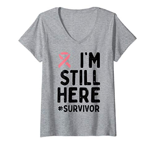 Damen Pink Ribbon Still Here Survivor Breast Cancer Warrior Gift T-Shirt mit V-Ausschnitt Damen Pink Ribbon Still Here Survivor Breast Cancer Warrior Gift T-Shirt mit V-Ausschnitt von Breast Cancer Awareness Clothes For Women Gifts