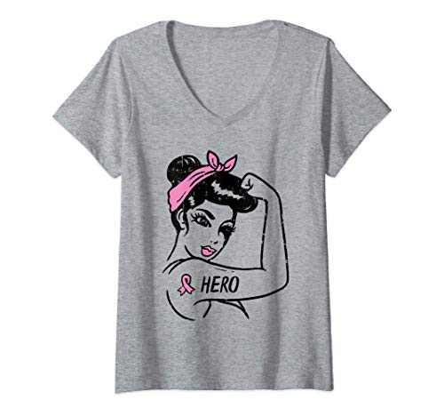 Damen Rosie Riveter Hero Pink Ribbon Breast Cancer Awareness Women T-Shirt mit V-Ausschnitt von Breast Cancer Awareness Clothes For Women Gifts