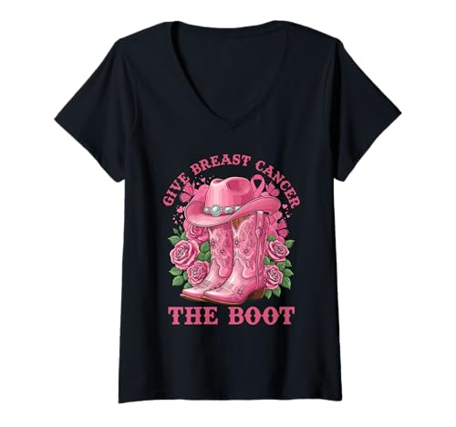 Damen Give Breast Cancer The Boot Cowgirl Cancer Awareness Ribbon T-Shirt mit V-Ausschnitt Damen Give Breast Cancer The Boot Cowgirl Cancer Awareness Ribbon T-Shirt mit V-Ausschnitt von Breast Cancer Awareness Cowboy Western Boots