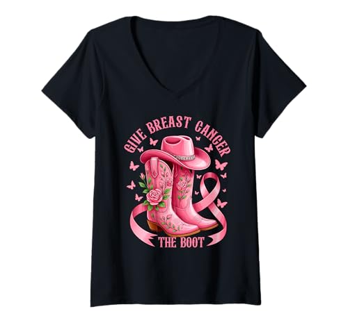 Damen Give Breast Cancer The Boot Cowgirl Cancer Awareness Ribbon T-Shirt mit V-Ausschnitt Damen Give Breast Cancer The Boot Cowgirl Cancer Awareness Ribbon T-Shirt mit V-Ausschnitt von Breast Cancer Awareness Cowboy Western Boots