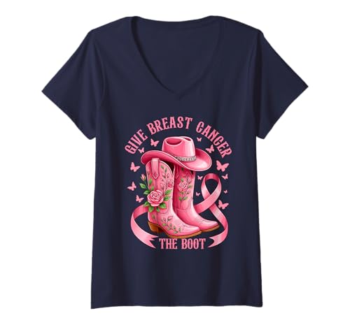 Damen Give Breast Cancer The Boot Cowgirl Cancer Awareness Ribbon T-Shirt mit V-Ausschnitt Damen Give Breast Cancer The Boot Cowgirl Cancer Awareness Ribbon T-Shirt mit V-Ausschnitt von Breast Cancer Awareness Cowboy Western Boots