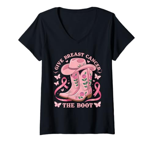 Damen Give Breast Cancer The Boot Cowgirl Cancer Awareness Ribbon T-Shirt mit V-Ausschnitt Damen Give Breast Cancer The Boot Cowgirl Cancer Awareness Ribbon T-Shirt mit V-Ausschnitt von Breast Cancer Awareness Cowboy Western Boots