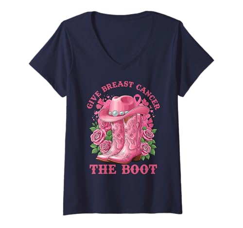 Damen Give Breast Cancer The Boot Cowgirl Cancer Awareness Ribbon T-Shirt mit V-Ausschnitt Damen Give Breast Cancer The Boot Cowgirl Cancer Awareness Ribbon T-Shirt mit V-Ausschnitt von Breast Cancer Awareness Cowboy Western Boots