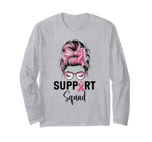 Brustkrebsbewusstsein Frauen Support Squad Messy Bun Langarmshirt von Breast Cancer Awareness Designs