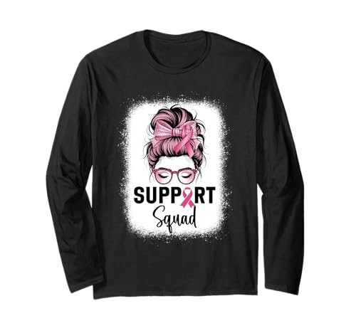 Brustkrebsbewusstsein Frauen Support Squad Messy Bun Langarmshirt von Breast Cancer Awareness Designs