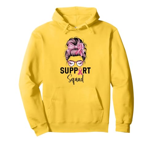Brustkrebsbewusstsein Frauen Support Squad Messy Bun Pullover Hoodie von Breast Cancer Awareness Designs