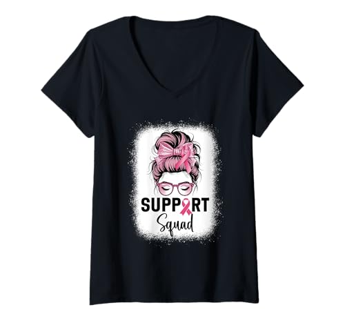 Damen Brustkrebsbewusstsein Frauen Support Squad Messy Bun T-Shirt mit V-Ausschnitt von Breast Cancer Awareness Designs