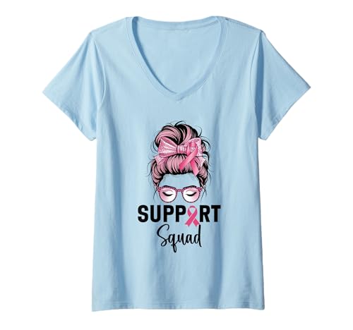 Damen Brustkrebsbewusstsein Frauen Support Squad Messy Bun T-Shirt mit V-Ausschnitt von Breast Cancer Awareness Designs