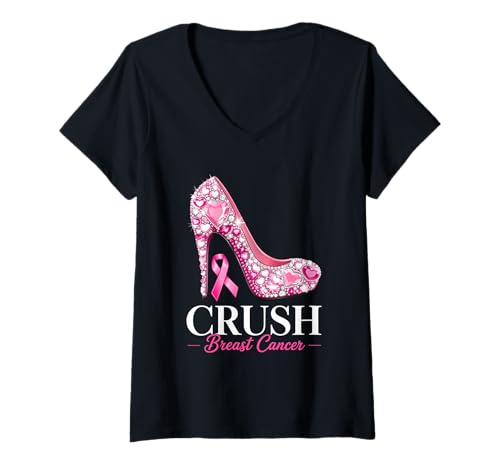 Damen Crush Brustkrebs Pink Ribbon High Heel Bewusstsein T-Shirt mit V-Ausschnitt von Breast Cancer Awareness Designs