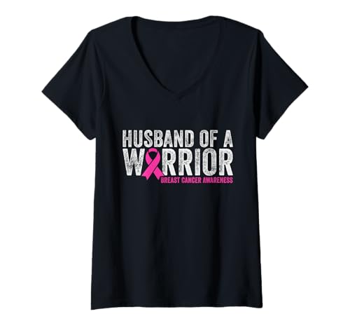 Damen Husband of a Warrior Brustkrebs-Bewusstsein rosa Band T-Shirt mit V-Ausschnitt von Breast Cancer Awareness Designs