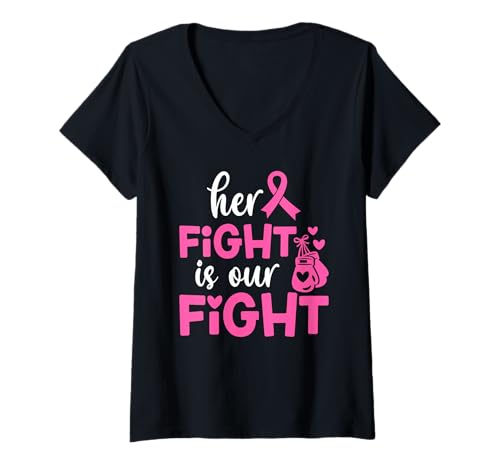 Damen Ihr Kampf ist unser Kampf Pink Ribbon Brustkrebsbewusstsein T-Shirt mit V-Ausschnitt von Breast Cancer Awareness Designs