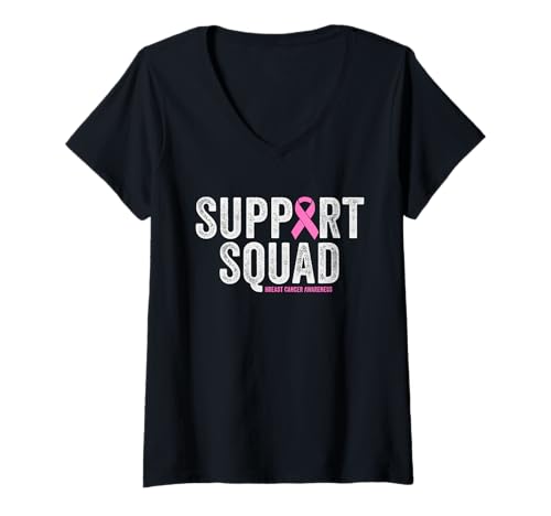 Damen Support Squad Pink Warrior Brustkrebs-Bewusstseins-Matching T-Shirt mit V-Ausschnitt von Breast Cancer Awareness Designs