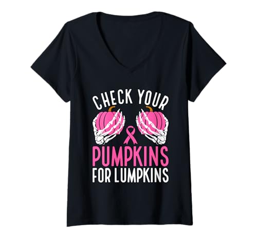 Damen Überprüfe das lustige Halloween-Brustkrebs-Bewusstsein deiner Kürbisse T-Shirt mit V-Ausschnitt von Breast Cancer Awareness Designs