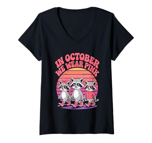 Damen Im Oktober tragen wir rosa Waschbären für Brustkrebs-Bewusstsein T-Shirt mit V-Ausschnitt Damen Im Oktober tragen wir rosa Waschbären für Brustkrebs-Bewusstsein T-Shirt mit V-Ausschnitt von Breast Cancer Awareness Feral Retro Ribbon