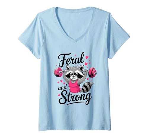 Damen Feral and Strong Breast Cancer Awareness Gym Raccoon T-Shirt mit V-Ausschnitt Damen Feral and Strong Breast Cancer Awareness Gym Raccoon T-Shirt mit V-Ausschnitt von Breast Cancer Awareness Feral Strong