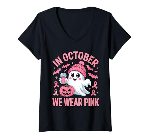 Damen Im Oktober tragen wir Pink Cute Ghost T-Shirt mit V-Ausschnitt von Breast Cancer Awareness Ghostly October Fun