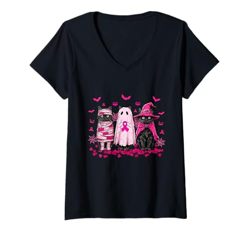 Damen Retro Halloween Schwarze Katze Brustkrebs Bewusstsein T-Shirt mit V-Ausschnitt von Breast Cancer Awareness Gift