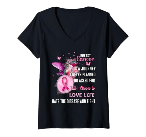 Damen Brustkrebs-Bewusstsein Kolibri rosa Schleife positiv T-Shirt mit V-Ausschnitt von Breast Cancer Awareness Hummingbird Shirts