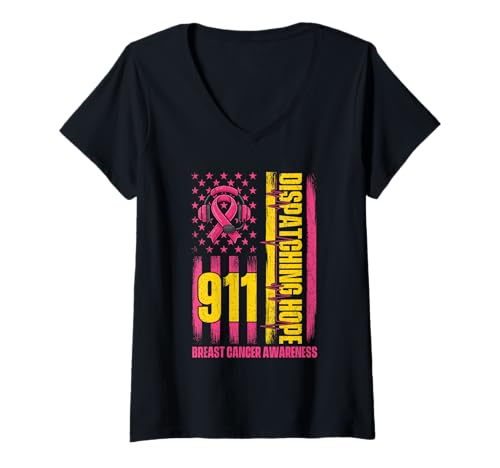 Damen 911 Dispatching Hope - Dispatcher für Brustkrebs-Bewusstsein T-Shirt mit V-Ausschnitt von Breast Cancer Awareness Merch