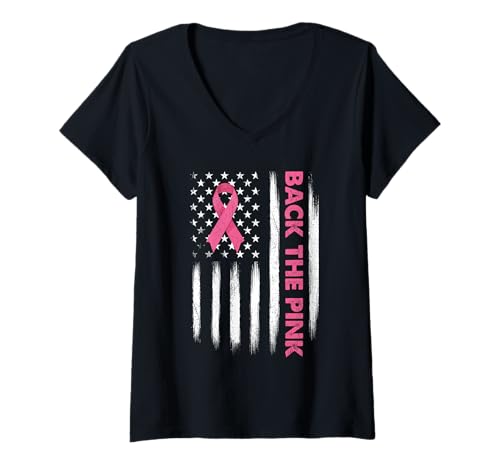 Damen Back The Pink – Brustkrebsbewusstsein Pink Ribbon US-Flagge T-Shirt mit V-Ausschnitt von Breast Cancer Awareness Merch