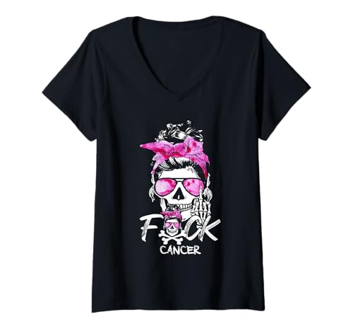 Damen Unordentliches Haar Frauen Dutt Fuck Brustkrebs Frauen Krieger T-Shirt mit V-Ausschnitt Damen Unordentliches Haar Frauen Dutt Fuck Brustkrebs Frauen Krieger T-Shirt mit V-Ausschnitt von Breast Cancer Awareness Messy Hair Bun Clothing
