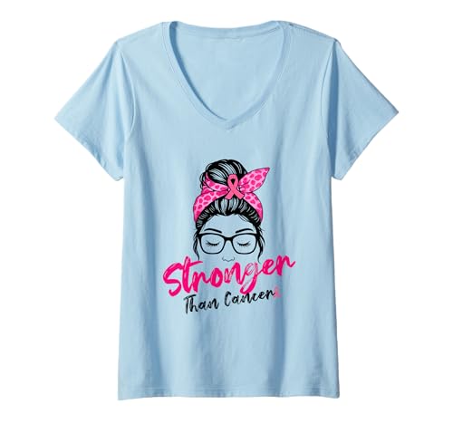 Damen Stronger Than Cancer Messy Bun Pink Warrior Support Squad T-Shirt mit V-Ausschnitt von Breast Cancer Awareness Month Clothing Store By Mj