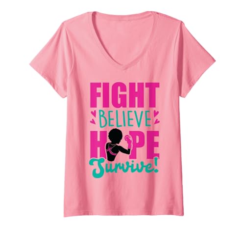 Damen Fight Believe Hope Survive Brustkrebs Black Melanin Sista T-Shirt mit V-Ausschnitt Damen Fight Believe Hope Survive Brustkrebs Black Melanin Sista T-Shirt mit V-Ausschnitt von Breast Cancer Awareness Month Pink Ribbon Sistas