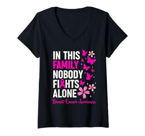 Damen In This Family Nobody Fights Alone Breast Cancer Awareness T-Shirt mit V-Ausschnitt Damen In This Family Nobody Fights Alone Breast Cancer Awareness T-Shirt mit V-Ausschnitt von Breast Cancer Awareness - Nobody fights Alone Tee
